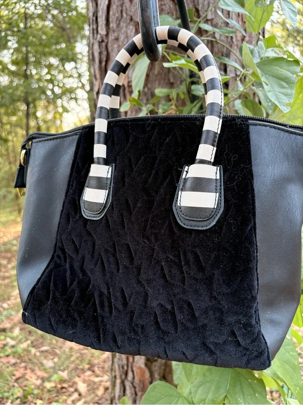 Luv Betsey Johnson Black Velvet Tote with Striped Handles and Hot Pink Pom Charm